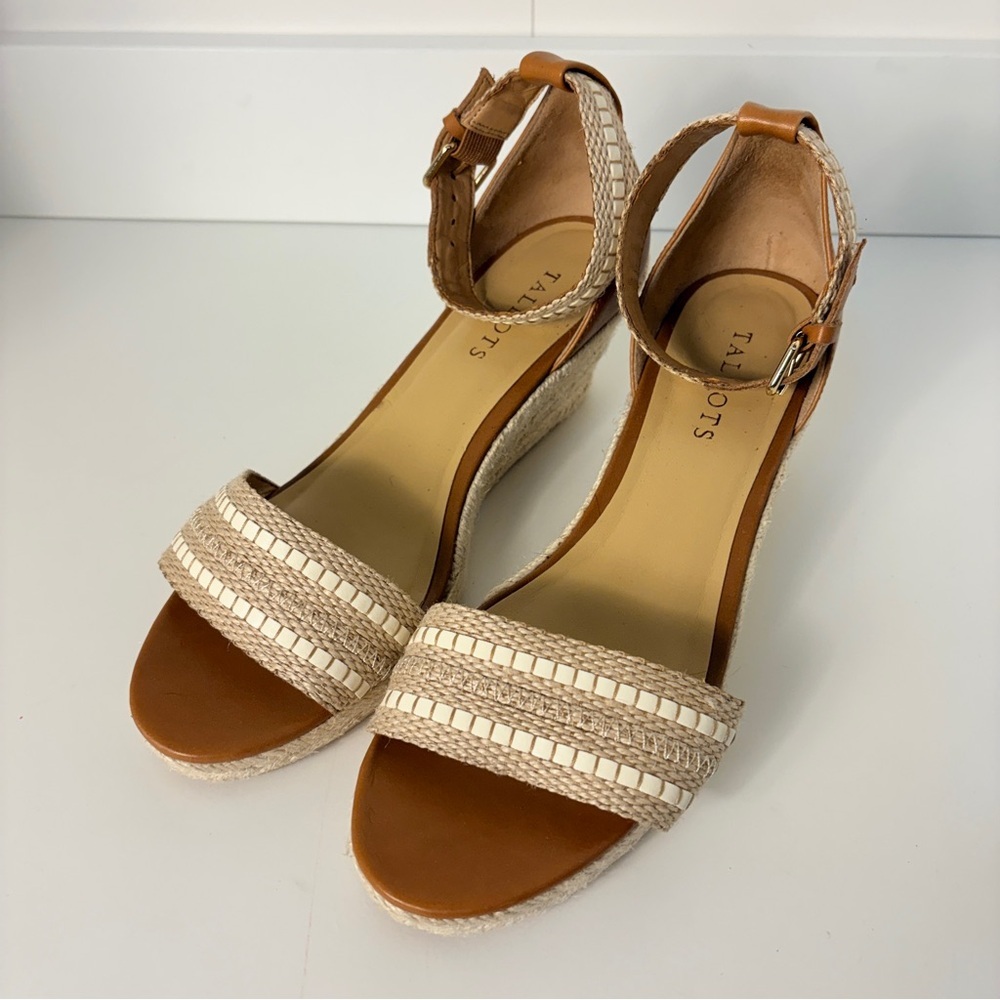 Talbots Tan Cream Espadrille Wedge Sandals Woven Ankle Strap Coastal - Picture 2 of 6